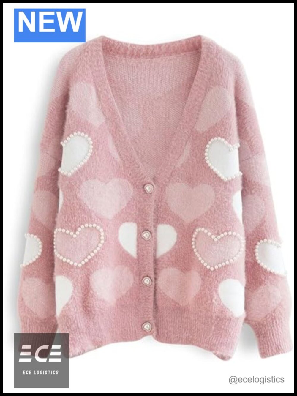 Heart Print Oversized Cable Knit Cardigan Button Up V-Neck Long Sleeve